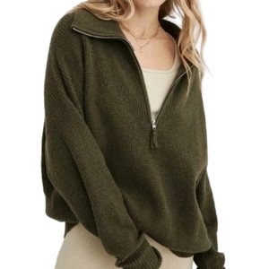 Aerie CozyUp Waffle Knit Olive Green Quarter Zip Sweater Slouchy Oversized